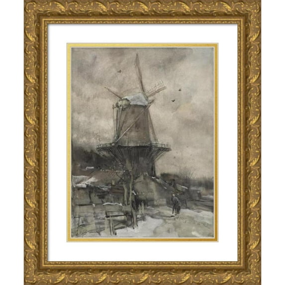 Jacob Maris 19x24 Gold Ornate Framed and Double Matted Museum Art Print Titled - A Mill in the Winter (1847 - 1899)
