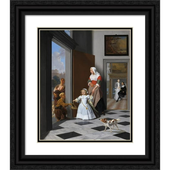 Jacob Ochtervelt 15x18 Black Ornate Wood Framed Double Matted Museum Art Print Titled - A Nurse and a Child in an Elegant Foyer (1663)