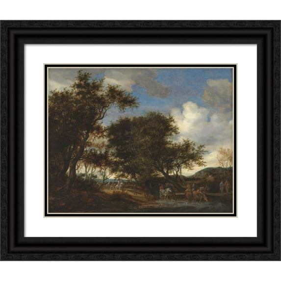 Jacob Salomonsz. van Ruysdael 14x12 Black Ornate Wood Framed Double Matted Museum Art Print Titled: Landscape with Travellers Watering Their Horses (1659)