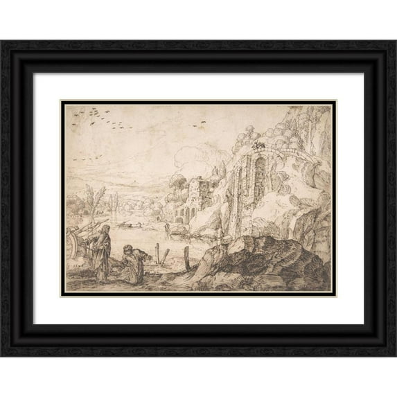 Jacob Symonsz. Pynas 18x14 Black Ornate Wood Framed Double Matted Museum Art Print Titled - Landscape with the Calling of St. Peter (17th Century)