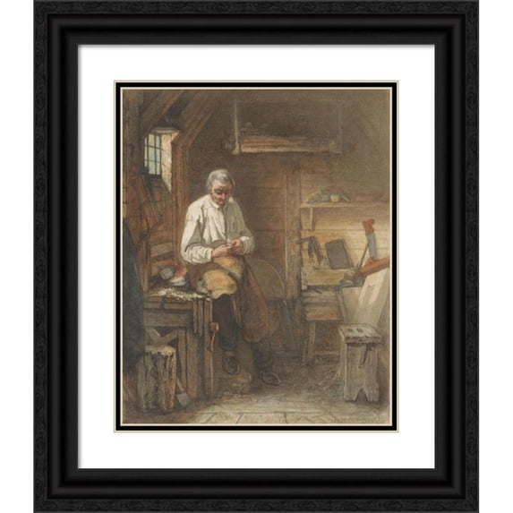 Jacob Taanman 12x14 Black Ornate Wood Framed Double Matted Museum Art Print Titled: Carpenter Sitting on a Planer in His Workshop (1861)