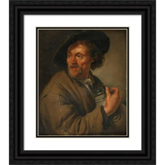 Jacob Toorenvliet 20x23 Black Ornate Framed Double Matted Museum Art Print Titled: Man Holding a Jug (1679)