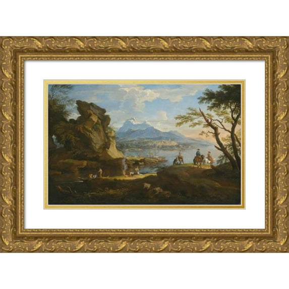 Jacob de Heusch 14x11 Gold Ornate Wood Frame and Double Matted Museum Art Print Titled - A Harbour Scene with Fishermen Returning to Shore, Some Travellers Setting Up Camp and Two Riders on