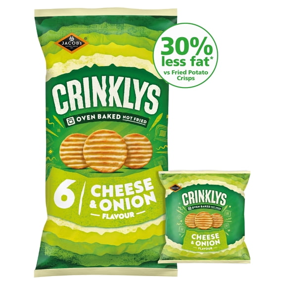 Jacob's Crinklys Cheese & Onion 30% Less Fat Multipack Snacks 6x23g, Imported from Britain