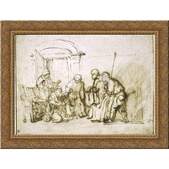 Jacob shown the Bloodstained Coat of Joseph 24x20 Gold Ornate Wood Framed Canvas Art by Rembrandt
