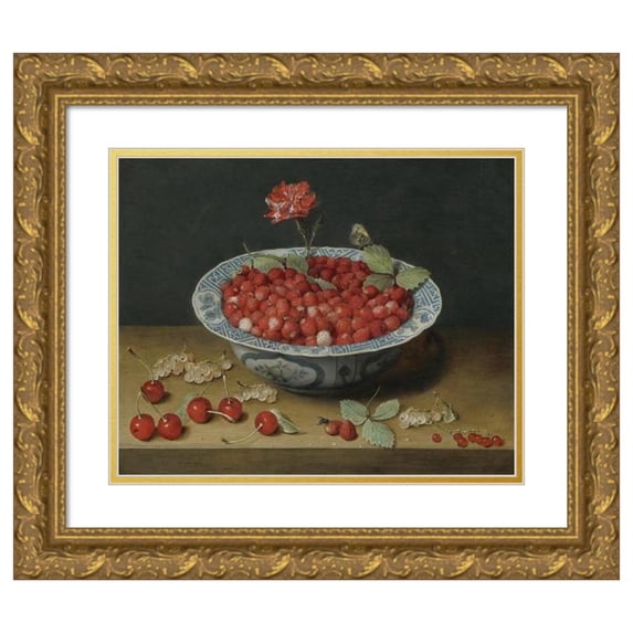 Jacob van Hulsdonck 14x12 Gold Ornate Wood Frame and Double Matted Museum Art Print Titled - Wild Strawberries and a Carnation in a Wan-Li Bowl (C. 1620)