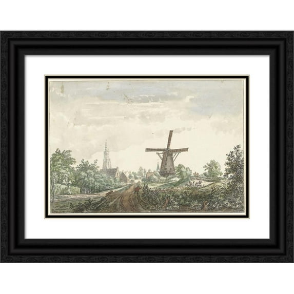 Jacob van Liender 18x14 Black Ornate Wood Framed Double Matted Museum Art Print Titled - View of the Leusden Road to Amersfoort (1706 - 1759)