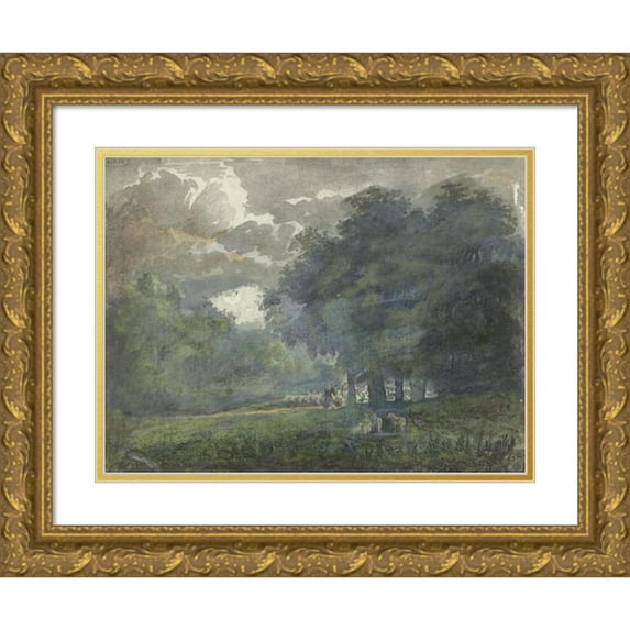 Jacob van Liender 24x19 Gold Ornate Framed and Double Matted Museum Art Print Titled - Shepherds with Herd in Bosrijk Landschap (1706 - 1759)
