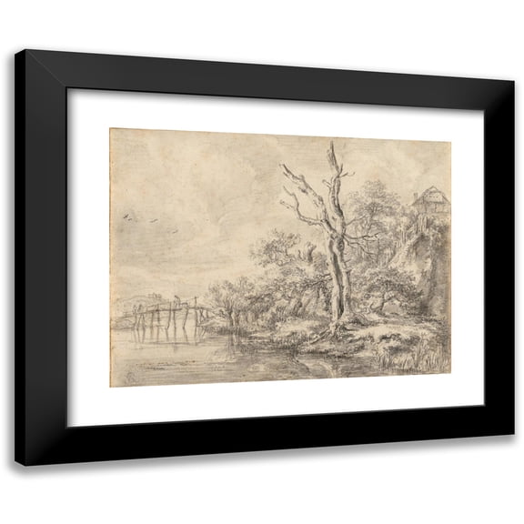 Jacob van Ruisdael 14x12 Black Modern Framed Museum Art Print Titled - Dead Tree by a Stream at the Foot of a Hill (1650-1660)