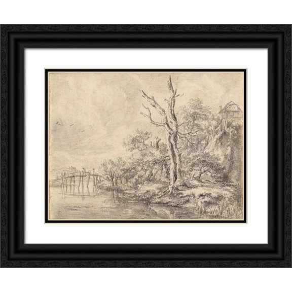 Jacob van Ruisdael 18x15 Black Ornate Wood Framed Double Matted Museum Art Print Titled - Dead Tree by a Stream at the Foot of a Hill (1650-1660)