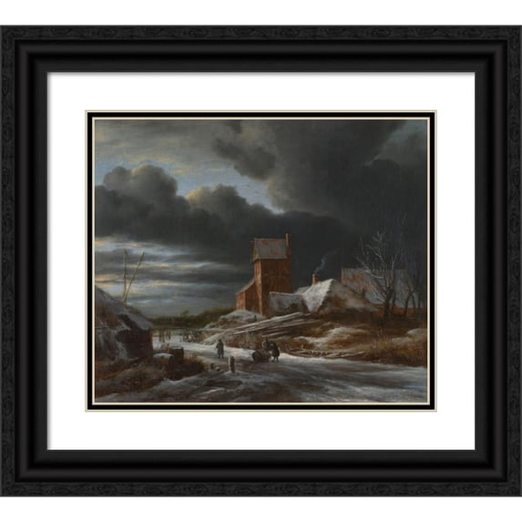 Jacob van Ruisdael 23x20 Black Ornate Framed Double Matted Museum Art Print Titled: Winter Landscape (C. 1665)