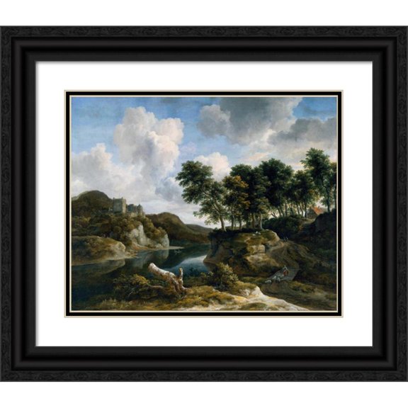Jacob van Ruisdael 24x20 Black Ornate Framed Double Matted Museum Art Print Titled: River Landscape with a Castle on a High Cliff (1670-1679)