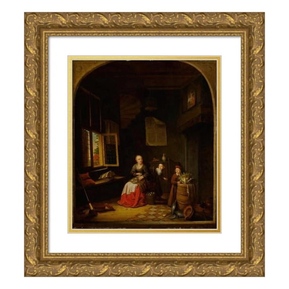 Jacob van Spreeuwen 20x23 Gold Ornate Framed and Double Matted Museum Art Print Titled - Interior of a Kitchen with a Seated Woman Peeling Onions, a Child Hiding Behind Her, and a Child Hold
