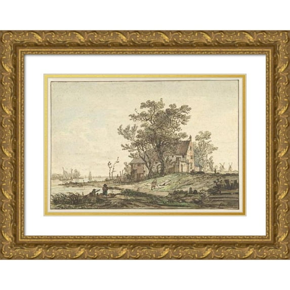 Jacob van Strij 18x14 Gold Ornate Wood Frame and Double Matted Museum Art Print Titled - Old Farmhouse on a River (1790 - 1810)