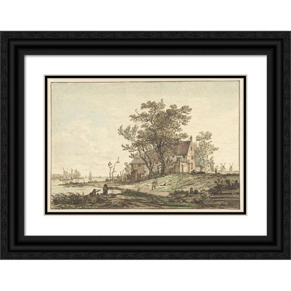 Jacob van Strij 24x18 Black Ornate Framed Double Matted Museum Art Print Titled: Old Farmhouse on a River (1790 - 1810)
