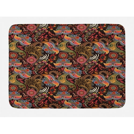 Jacobean Bath Mat, Vintage Jumble in Warm Tones Floral Motifs Garden Art, Plush Bathroom Decor Mat with Non Slip Backing, 29.5" X 17.5", Dark Brown Multicolor, by Ambesonne
