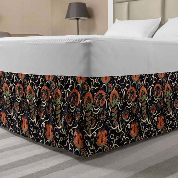 Jacobean Bed Skirt, Repetitive Pattern with Grunge Style Flower Swirls Damask, Elastic Bedskirt Dust Ruffle Wrap Around for Bedding Decor, 4 Sizes, Indigo and Multicolor, by Ambesonne