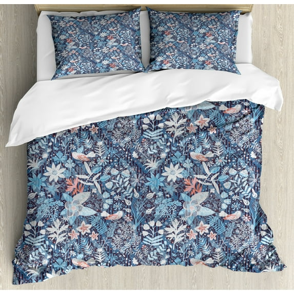 Jacobean Duvet Cover Set Queen Size, Spring Themed Floral Damask with Petals Oriental Motif on Stripes, Decorative 3 Piece Bedding Set with 2 Pillow Shams, Slate Blue and Multicolor, by Ambesonne