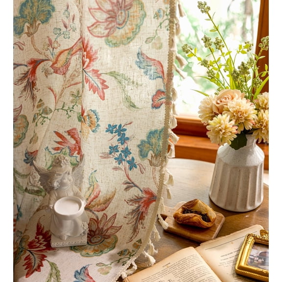 Jacobean Flcurtafor Bedroom 2 Panels Colorful Boho Linen Blend Tassel Drapes Farmhouse Light Filtering Botanical Window Curtain Pa