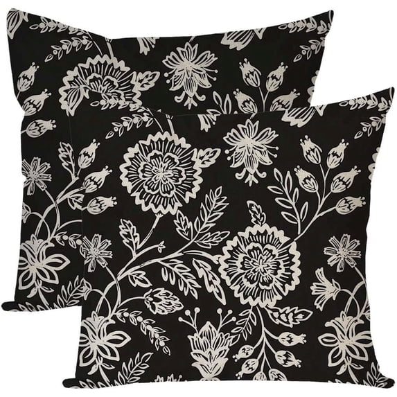 Jacobean Floral Throw Pillow Covers 18x18 Inch Black Vintage Cottage Outdoor Farmhouse Decorations Decorative Throw Pillows Cases Set of 2 for Home Living Room Couch Decor