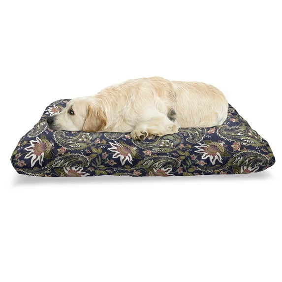 Jacobean Pet Bed, Floral Vintage Nostalgia Pattern with Paisley Repetition, Chew Resistant Pad for Dogs and Cats Cushion with Removable Cover, 24" x 39", Indigo Multicolor, by Ambesonne