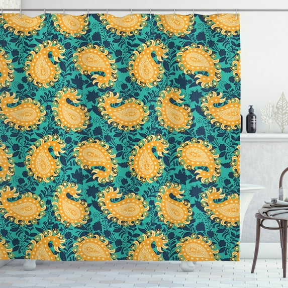 Jacobean Shower Curtain, Paisley Inspired Motifs on Botanical Floral Branch Ornaments, Fabric Bathroom Set with Hooks, 69W X 75L Inches Long, Dark Seafoam and Multicolor, by Ambesonne