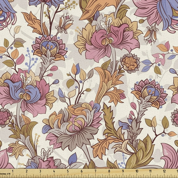 Jacobean Sofa Upholstery Fabric by the Yard, Gentle Continuous Colorful Spring Love Pattern with Flowers, Decorative Fabric for DIY & Home Accents, 2 Yards, Eggshell and Multicolor by Ambesonne