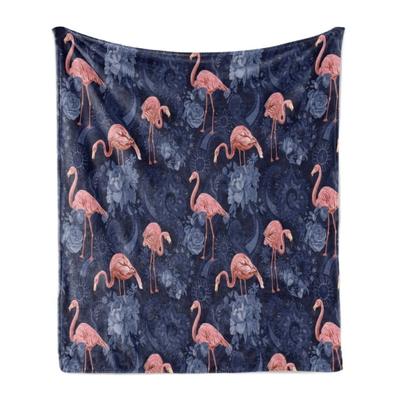 Jacobean Soft Flannel Fleece Throw Blanket, Contemporary and Exotic Setting Floral Jungle Pattern with Flamingos, Cozy Plush for Indoor and Outdoor Use, 50" x 60", Indigo Pink, by Ambesonne