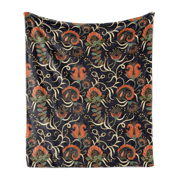Jacobean Soft Flannel Fleece Throw Blanket, Repetitive Pattern with Grunge Style Flower Swirls Damask, Cozy Plush for Indoor and Outdoor Use, 70" x 90", Indigo and Multicolor, by Ambesonne