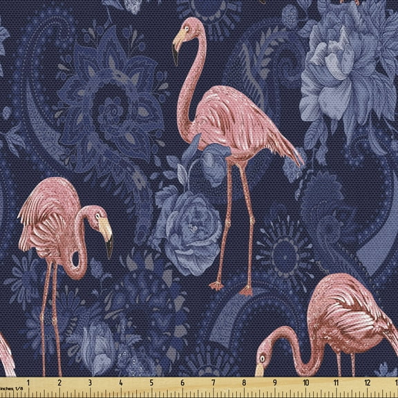 Ambesonne Jacobean Fabric by the Yard Upholstery, Exotic Floral Flamingos, 3 Yards, Indigo Pink