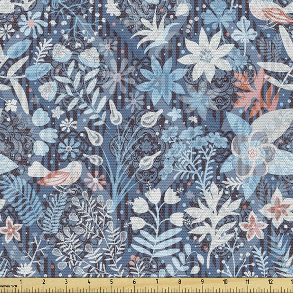 Jacobean Upholstery Fabric by the Yard, Spring Themed Floral Damask with Petals Oriental Motif on Stripes, Decorative Fabric for DIY and Home Accents, 3 Yards, Slate Blue Multicolor by Ambesonne