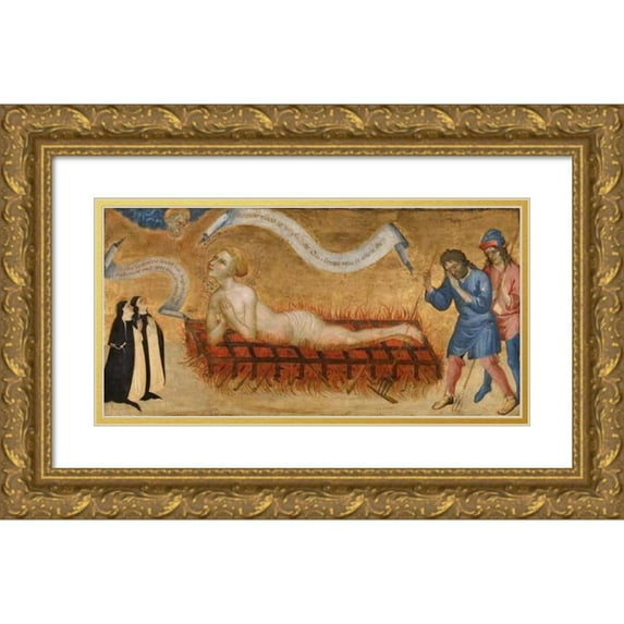 Jacobello del Fiore 24x14 Gold Ornate Framed and Double Matted Museum Art Print Titled - Martyrdom of Saint Lawrence, with Two Benedictine Nuns (C. 1425)