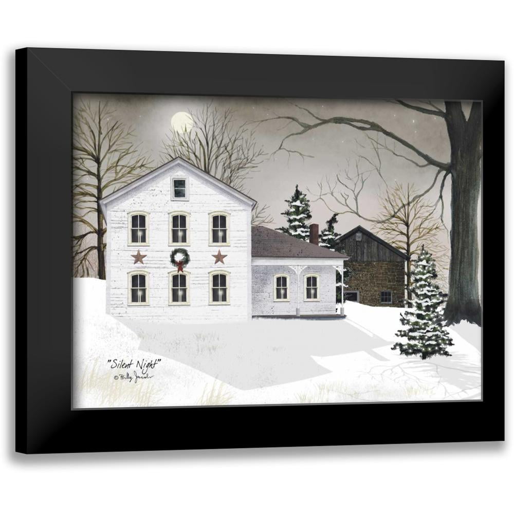 Silent Night Winter Scene Print on Canvas with Black Frame