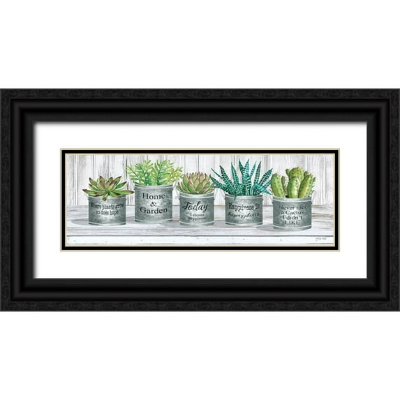Jacobs, Cindy 32x13 Black Ornate Wood Framed with Double Matting Museum Art Print Titled - Galvanized Pot Succulents II