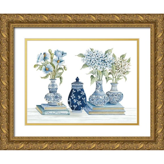 Jacobs, Cindy 32x25 Gold Ornate Wood Framed with Double Matting Museum Art Print Titled - Delft Blue Floral I
