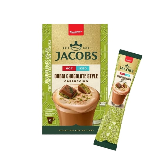 Jacobs Dubai Chocolate Cappuccino Mix – Pistachio, Chocolate & Kataifi Flavor – Instant Coffee Sachets (8 x 19.5g) – Hot or Iced Café Style Drink – Halal Kosher