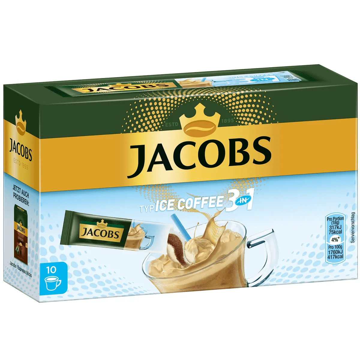 Jacobs Caramel 3in1 Instant Coffee Sticks – 10 Sticks, 112g/4oz, Medium Roast