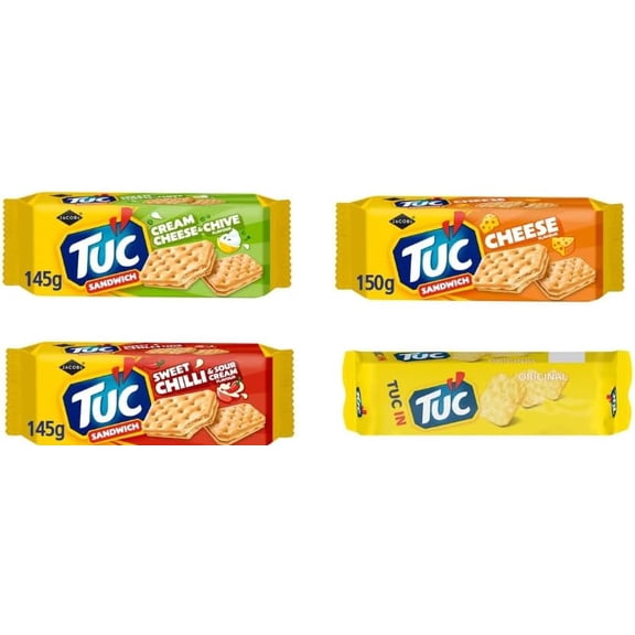 Jacobs TUC Sandwich Crackers (4 pack)Cream Cheese & Chive, Cheese, Sweet Chilli & Sour Cream, Original Flavours