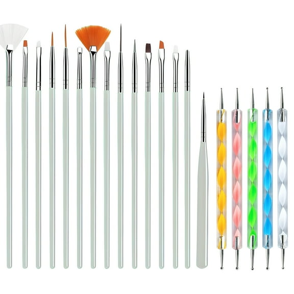 JacobsParts 20-Piece Professional Nail Art Brushes Set, Dotting Tools, Dust Brush, Nail Drawing Pen for Perfect Manicure and Detailed Designs (White)