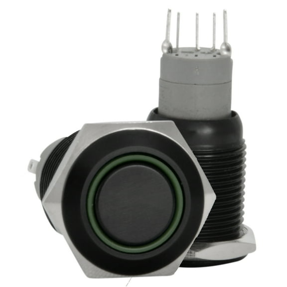 JacobsParts Latching Maintained Pushbutton ON/OFF Switch Black Aluminum Metal with Green LED fits 5/8" (16mm) Diameter Panel Cutout Hole