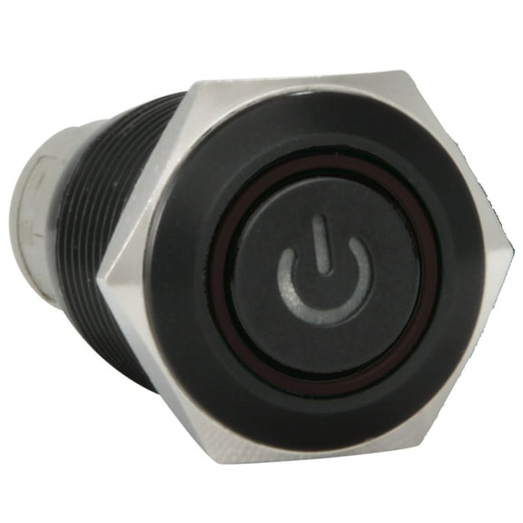JacobsParts Latching Maintained Pushbutton ON/OFF Switch Black Metal with Red Power Symbol LED Suitable for 5/8" (16mm) Diameter Panel Cutout Hole