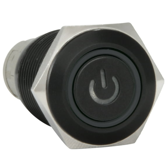 JacobsParts Latching Maintained Pushbutton ON/OFF Switch Black Metal with White Power Symbol LED Suitable for 5/8" (16mm) Diameter Panel Cutout Hole
