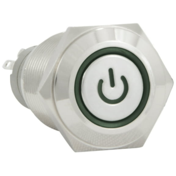 JacobsParts Latching Maintained Pushbutton ON/OFF Switch Circular Metal Silver with Green Power Symbol LED Light fits 5/8" (16mm) Diameter Panel Cutout Hole