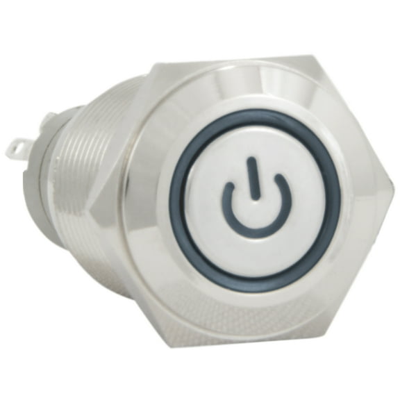 JacobsParts Latching Maintained Pushbutton ON/OFF Switch Circular Metal Silver with Blue Power Symbol LED fits 5/8" (16mm) Diameter Panel Cutout Hole