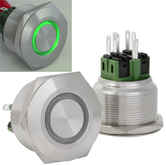 JacobsParts Latching Pushbutton ON/OFF Maintained Power Switch Circular Metal Silver with Green LED fits 1-3/16" (30mm) Diameter Panel Cutout Hole