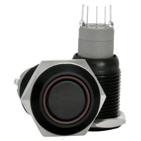 JacobsParts Momentary Pushbutton Starter Switch Circular Metal Black with Red LED fits 5/8" (16mm) Diameter Panel Cutout Hole