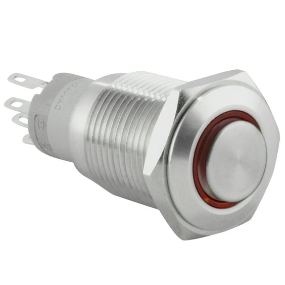 JacobsParts Momentary Pushbutton Starter Switch Circular Metal Silver with Red LED fits 5/8" (16mm) Diameter Panel Cutout Hole