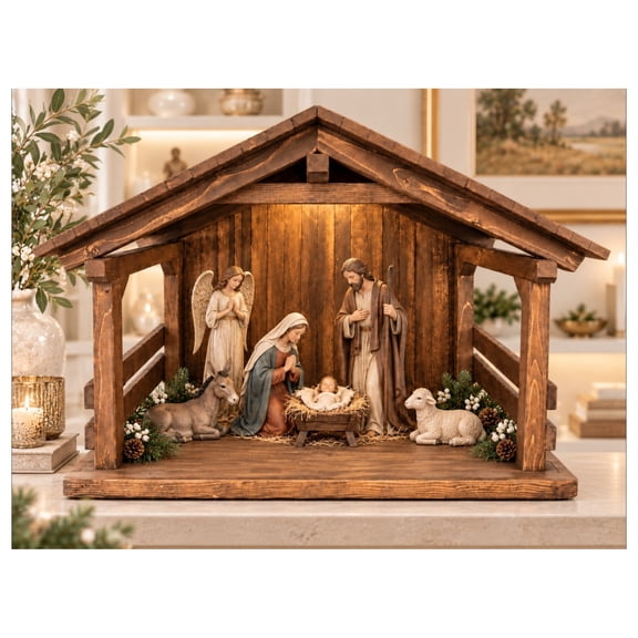 JacobsWoodDesigns Wood Nativity Stable Creche Decorative Collectible Large 1 Piece