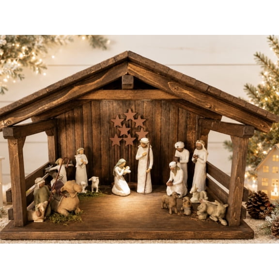 JacobsWoodDesigns X- Large Signature Wood Nativity Stable/Creche Decorative Collectible 1 Piece
