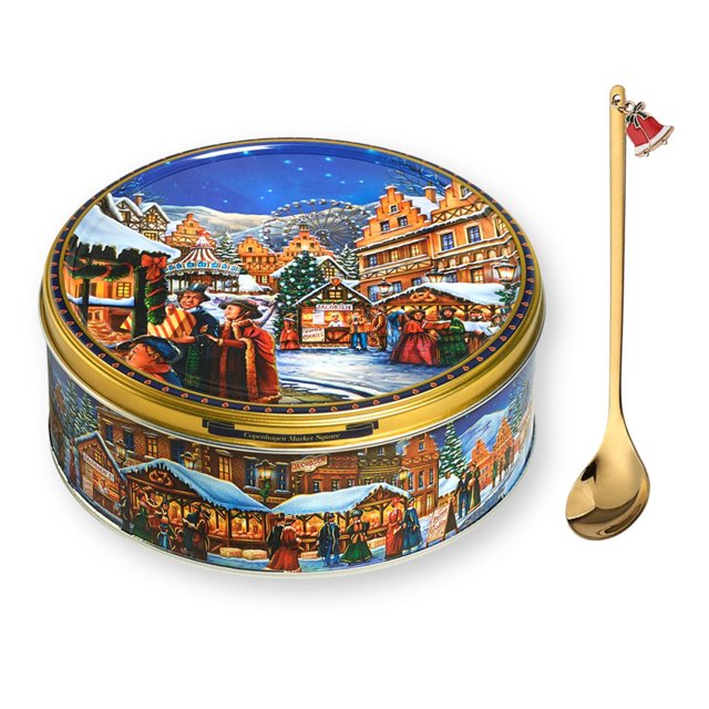 Jacobsens Danish Butter Cookies Copenhagen Market Square Embossed Gift Tin 5.3 Oz. with Bonus